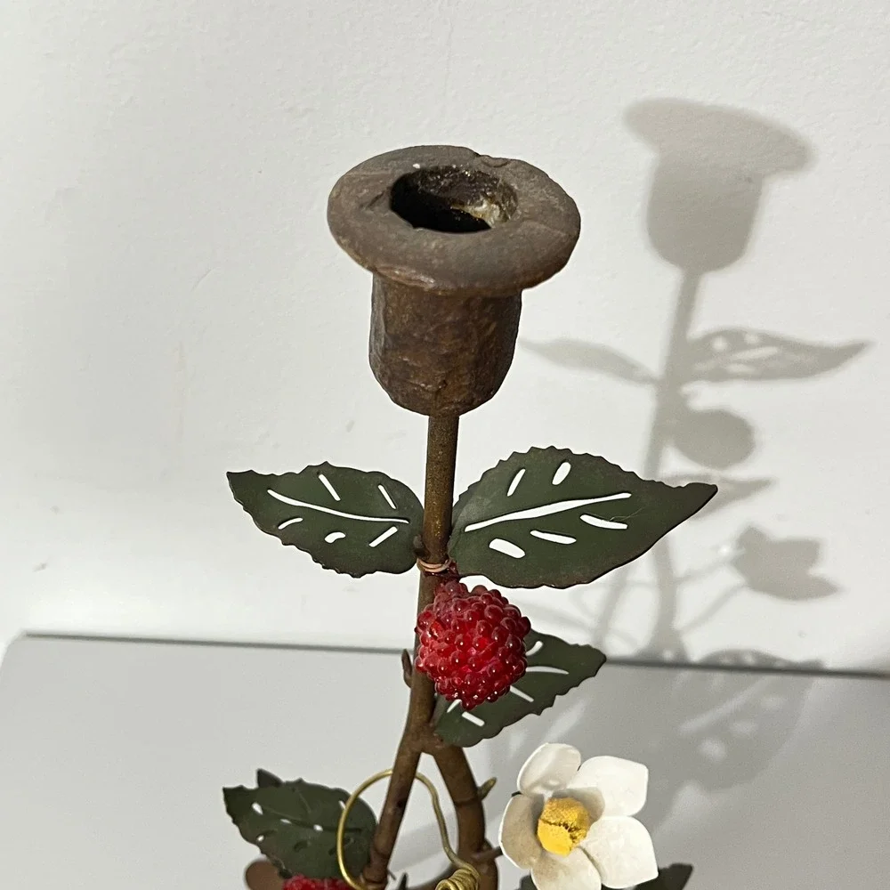 Vintage Raspberry Vine Taper Candle Holder  Bronze Red Botanical Cottagecore